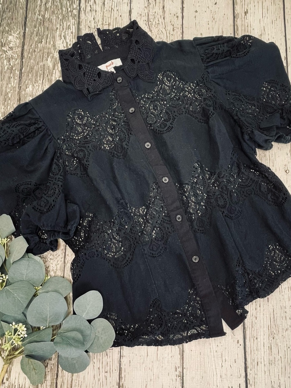 Peach Lace Short Sleeve Button Up Shirt